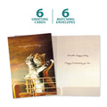 Load image into Gallery viewer, The cover and inside of Tree-Free’s Cat Titanic card, along with the following text: “6 greeting cards, 6 matching envelopes”
