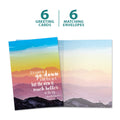 Load image into Gallery viewer, The cover and inside of Tree-Free’s The View card, along with the following text: “6 greeting cards, 6 matching envelopes”
