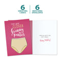 Load image into Gallery viewer, The cover and inside of Tree-Free’s Granny Panties card, along with the following text: “6 greeting cards, 6 matching envelopes”
