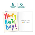 Load image into Gallery viewer, The cover and inside of Tree-Free’s Birthday Rainbow card, along with the following text: “6 greeting cards, 6 matching envelopes”
