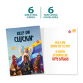 Load image into Gallery viewer, The cover and inside of Tree-Free’s Keep On Cluckin&#39; card, along with the following text: “6 greeting cards, 6 matching envelopes”
