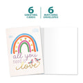 Load image into Gallery viewer, The cover and inside of Tree-Free’s Love Rainbow card, along with the following text: “6 greeting cards, 6 matching envelopes”
