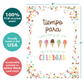 Load image into Gallery viewer, The cover of Tree-Free’s Cumpleanos Ice Cream card with lines demonstrating its 5x7 dimensions, along with the following text: “100% PCW recycled paper, proudly made in the USA, sustainably printed on extra-thick card stock”
