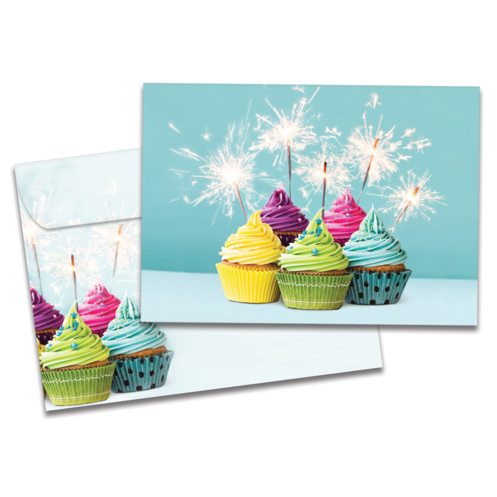 The cover of Tree-Free's Cumpleanos Cupcakes card, along with its matching envelope.