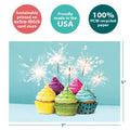 Load image into Gallery viewer, The cover of Tree-Free’s Cumpleanos Cupcakes card with lines demonstrating its 5x7 dimensions, along with the following text: “100% PCW recycled paper, proudly made in the USA, sustainably printed on extra-thick card stock”
