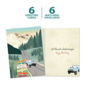 Load image into Gallery viewer, The cover and inside of Tree-Free’s Year of Adventures card, along with the following text: “6 greeting cards, 6 matching envelopes”
