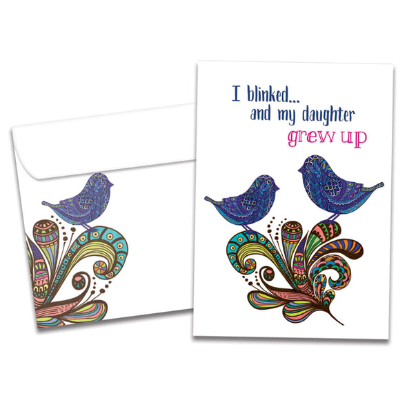 The cover of Tree-Free's Blink and Grow Daughter card, along with its matching envelope.