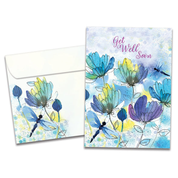 Cover of Blue Floral Dragonflies Get Well card (featuring script text above artwork of two dragonflies surrounded by flowers) and its matching envelope