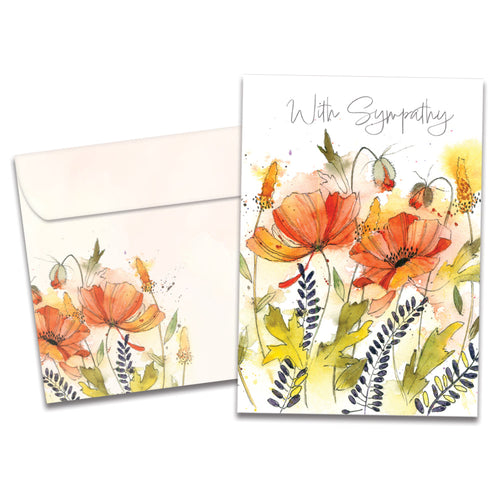 Cover of Heartfelt Flowers Sympathy card (featuring script text above artwork of flowers) and its matching envelope