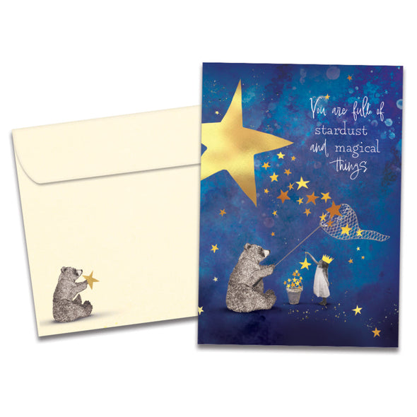 The cover of Tree-Free's Stardust Bear card, along with its matching envelope.