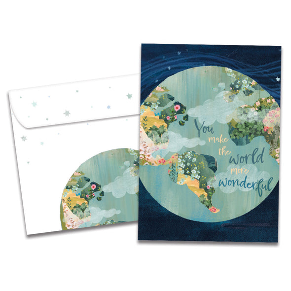 The cover of Tree-Free's More Wonderful World card, along with its matching envelope.