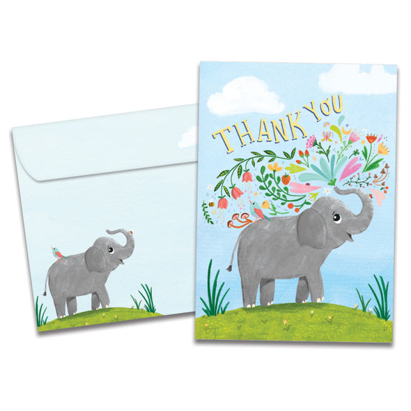 Cover of Elephant Flowers Thank You card (featuring serif text above artwork of an elephant with flowers bursting out of its trunk) and its matching envelope