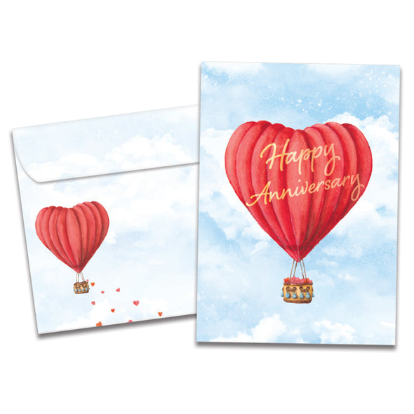 The cover of Tree-Free's Heart Air Balloon card, along with its matching envelope.