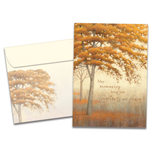 Cover of Autumn Memories Sympathy card (featuring script and serif text below artwork of trees) and its matching envelope