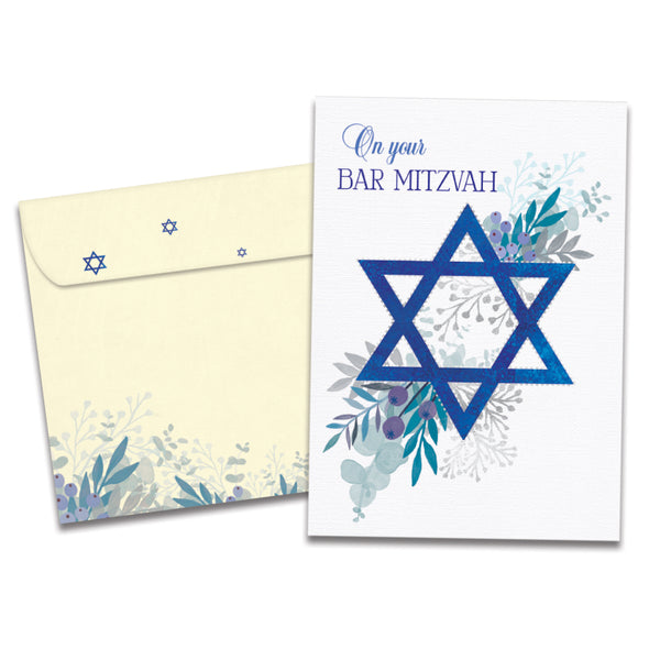 The cover of Tree-Free's Blue Floral Star card, along with its matching envelope.