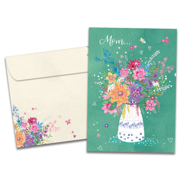 The cover of Tree-Free's Mom Bouquet Birthday card, along with its matching envelope.