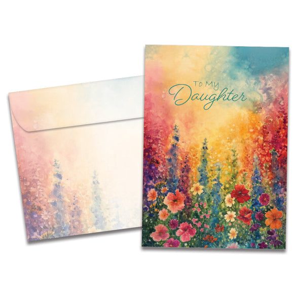 The cover of Tree-Free's Wildflower Light Daughter card, along with its matching envelope.