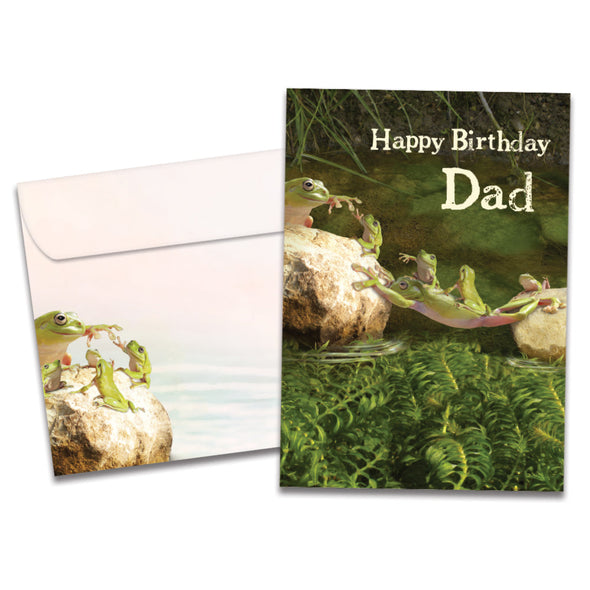 The cover of Tree-Free's Frog Bridge Dad card, along with its matching envelope.