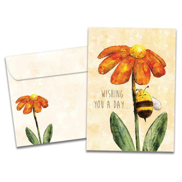 The cover of Tree-Free's Bee Wishes card, along with its matching envelope.