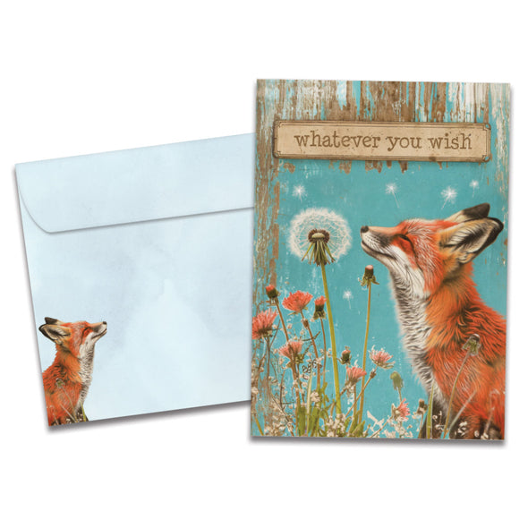 Cover of Fox Wishes Birthday card (featuring serif text above artwork of a fox surrounded by dandelions) and its matching envelope