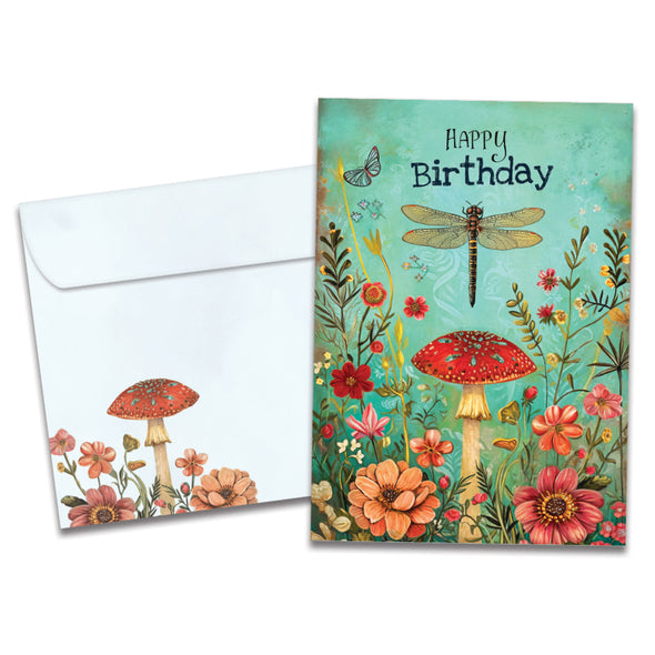 The cover of Tree-Free's Dragonfly Toadstool card, along with its matching envelope.