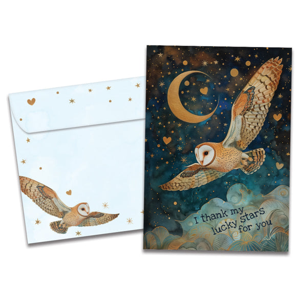 The cover of Tree-Free's Lucky Owl card, along with its matching envelope.