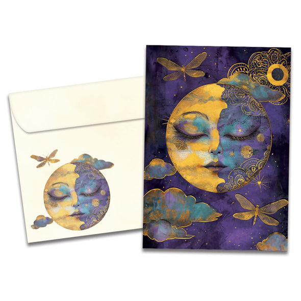 Cover of Serene Moon All Occasion card (featuring artwork of the moon surrounded by clouds and dragonflies) and its matching envelope