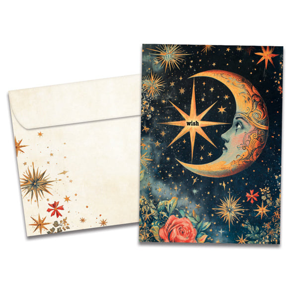 Cover of Crescent Moon Wish Birthday card (featuring serif text next to artwork of the moon surrounded by flowers and stars) and its matching envelope