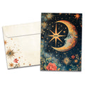 Load image into Gallery viewer, Cover of Crescent Moon Wish Birthday card (featuring serif text next to artwork of the moon surrounded by flowers and stars) and its matching envelope
