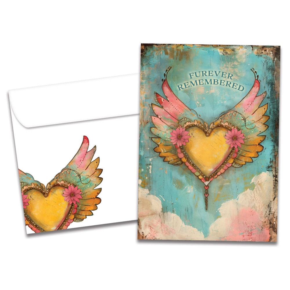 Cover of Furever Heart Pet Sympathy card (featuring serif text above artwork of a heart with wings behind it and flowers on either side) and its matching envelope