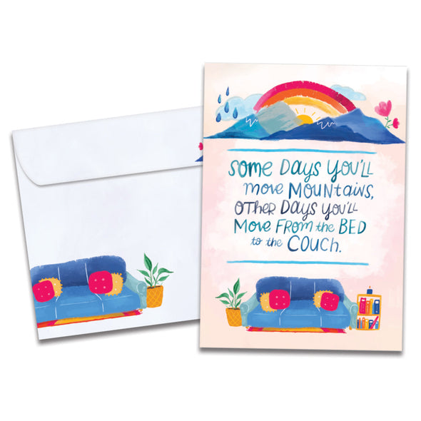 The cover of Tree-Free's Couch Mountains card, along with its matching envelope.