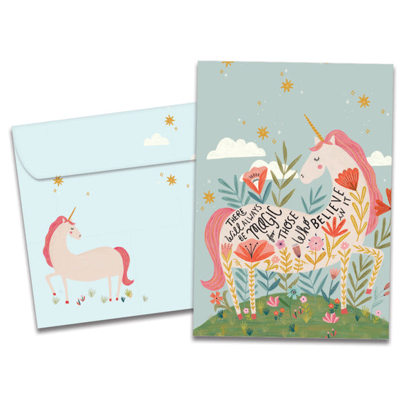 The cover of Tree-Free's Magical Floral Unicorn Daughter card, along with its matching envelope.