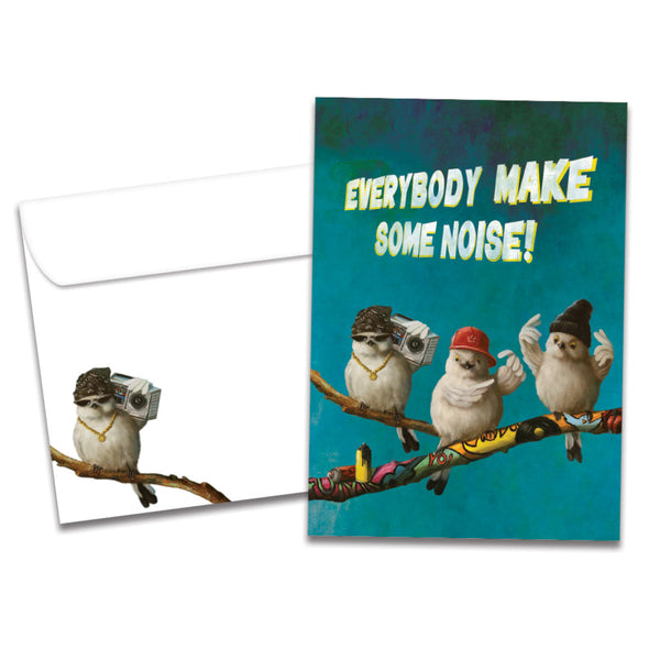 The cover of Tree-Free's Make Some Noise Son card, along with its matching envelope.