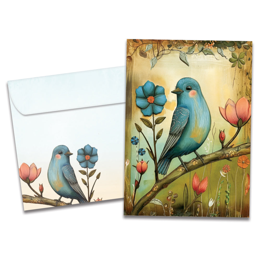 Cover of Flowery Bluebird All Occasion card (featuring artwork of a bluebird sitting on a floral tree branch) and its matching envelope