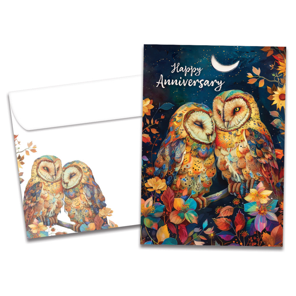 Cover of Starry Owls Anniversary card (featuring script text above artwork of two owls sitting on a floral tree branch under the moon) and its matching envelope