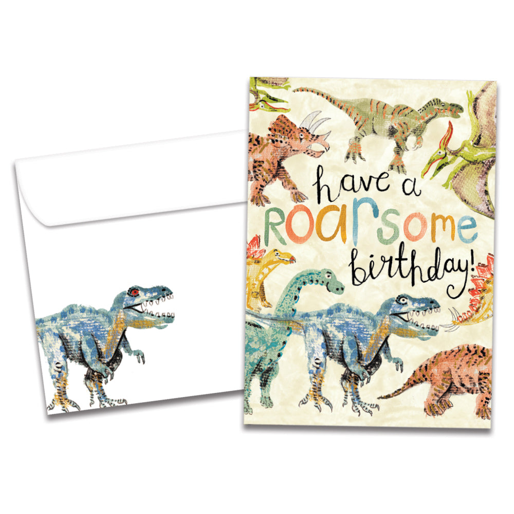 Cover of Roarsome Dinosaurs Birthday card (featuring script and serif text surrounded by artwork of various dinosaurs) and its matching envelope