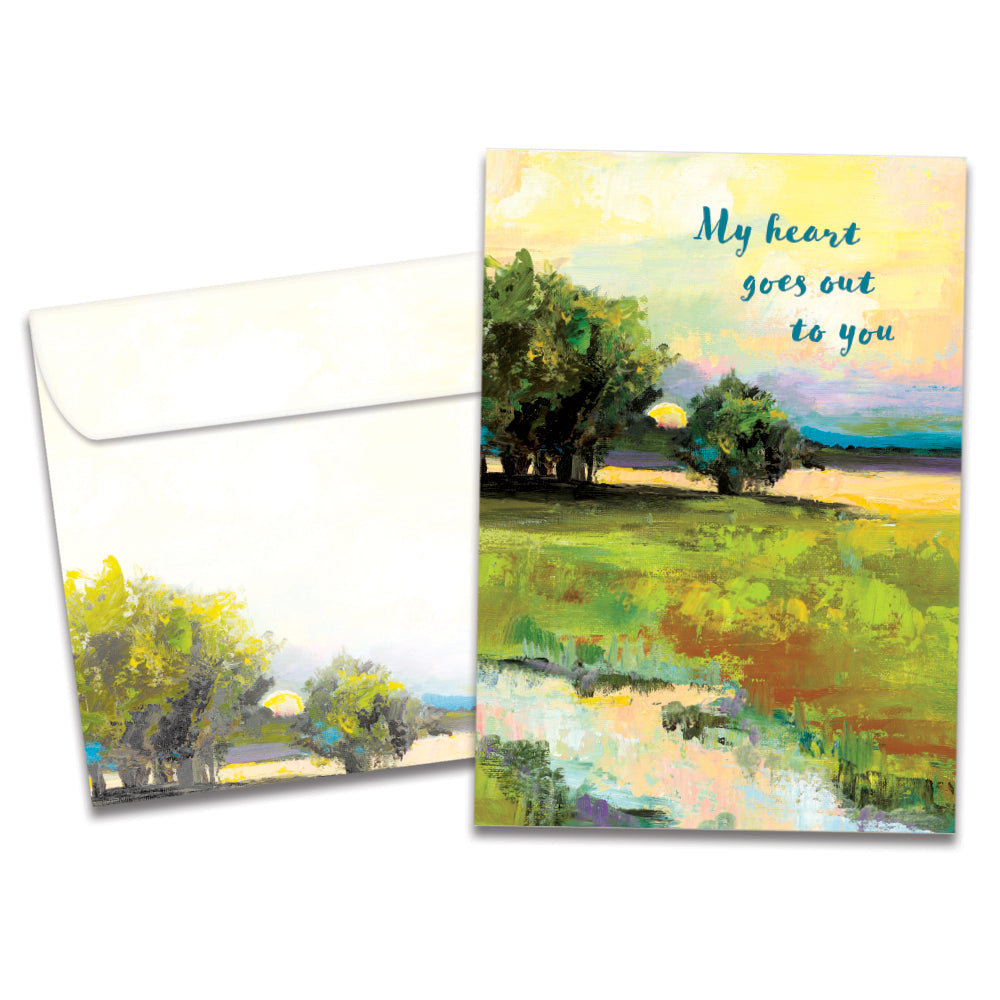 Cover of Heartfelt Landscape Sympathy card (featuring script text above artwork of a river and trees at sunset) and its matching envelope