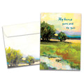 Load image into Gallery viewer, Cover of Heartfelt Landscape Sympathy card (featuring script text above artwork of a river and trees at sunset) and its matching envelope
