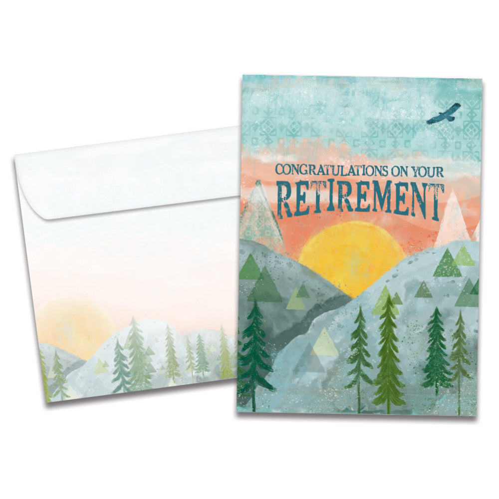 Cover of Remarkable Sunrise Retirement card (featuring serif text above artwork of a mountain range at sunrise) and its matching envelope