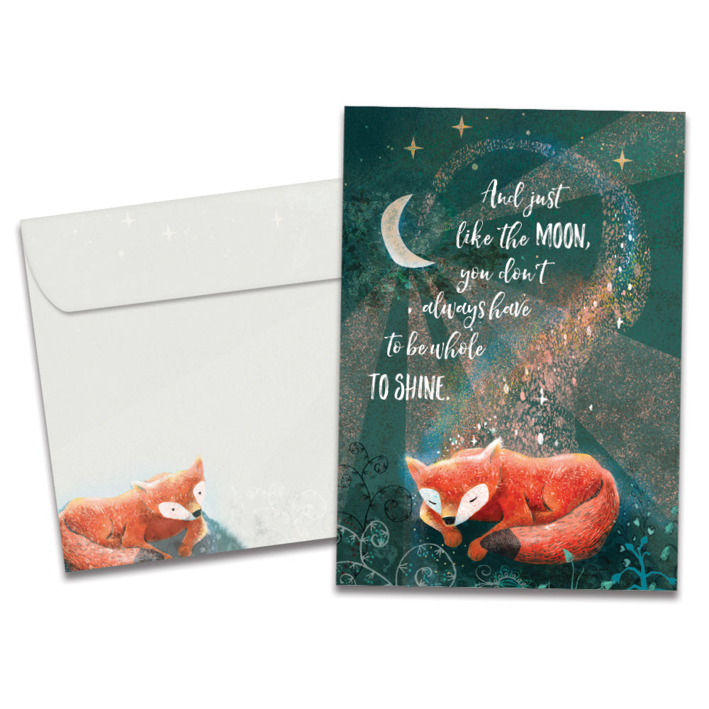 Cover of Fox Brightness Support & Encouragement card (featuring script and serif text above artwork of a fox sleeping under the moon and stars) and its matching envelope