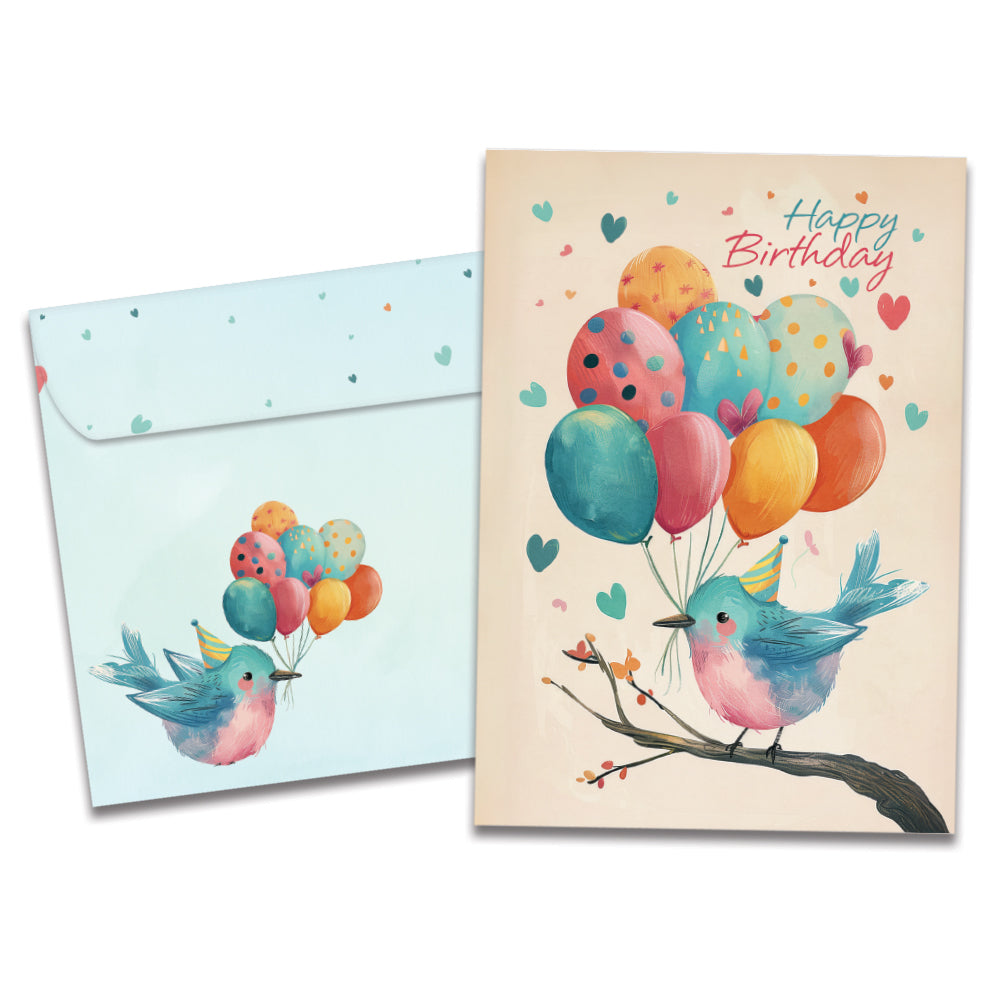 Cover of Balloons Flying By Birthday card (featuring script text above artwork of a bird sitting on a tree branch and holding several balloons in its beak) and its matching envelope