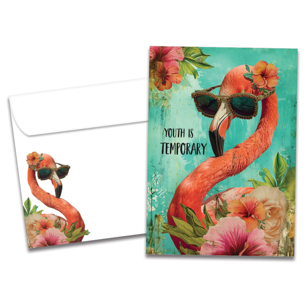 Cover of Forever Flamingo Birthday card (featuring serif text next to artwork of a flamingo wearing sunglasses surrounded by flowers) and its matching envelope