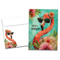 Load image into Gallery viewer, Cover of Forever Flamingo Birthday card (featuring serif text next to artwork of a flamingo wearing sunglasses surrounded by flowers) and its matching envelope
