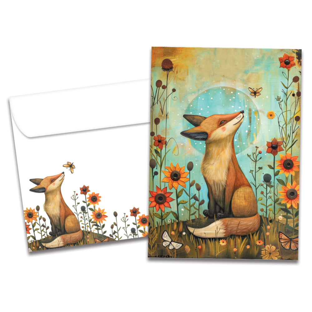 Cover of Thoughtful Fox Just Because card (featuring artwork of a fox surrounded by butterflies and flowers) and its matching envelope