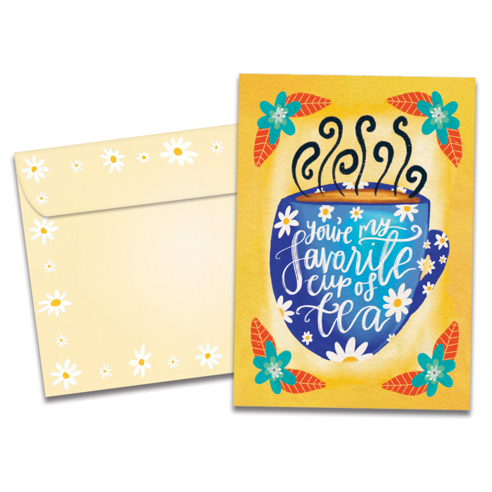 Cover of Sweeter Teacup Just Because card (featuring script text over artwork of a mug filled with coffee and surrounded by flowers) and its matching envelope