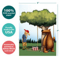 Load image into Gallery viewer, The cover of Tree-Free’s Bear Trap card with lines demonstrating its 5x7 dimensions, along with the following text: “100% PCW recycled paper, proudly made in the USA, sustainably printed on extra-thick card stock”
