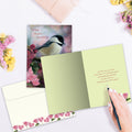 Load image into Gallery viewer, The inside of Tree-Free’s Peace And Comfort card, with the cover and envelope in the background.
