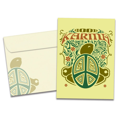 The cover of Tree-Free's Karma Turtle card, along with its matching envelope.