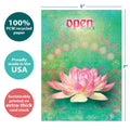 Load image into Gallery viewer, The cover of Tree-Free’s Open Encouragement Card card with lines demonstrating its 5x7 dimensions, along with the following text: “100% PCW recycled paper, proudly made in the USA, sustainably printed on extra-thick card stock”
