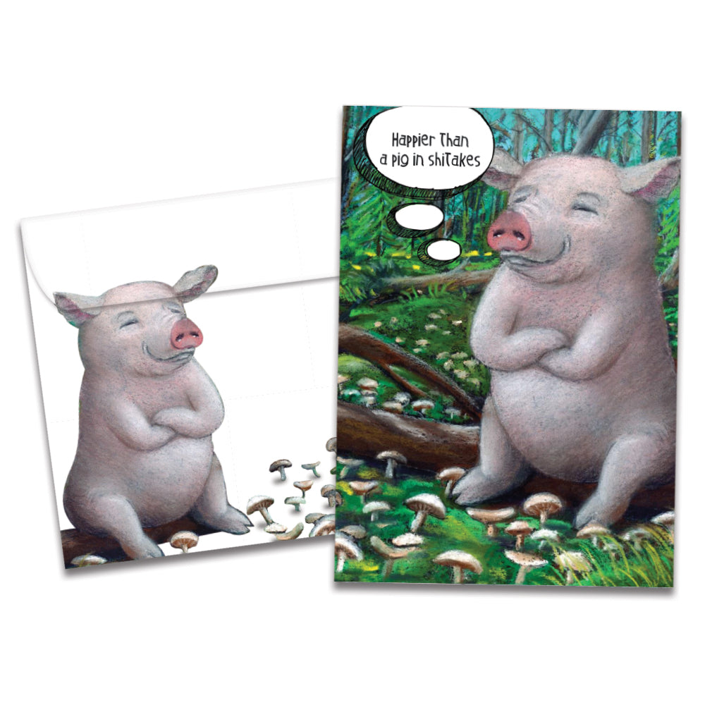 The cover of Tree-Free's Pig in Shitakes card, along with its matching envelope.